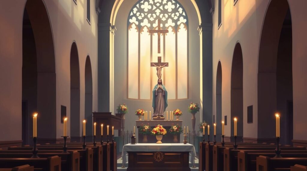 Bild des Inneren einer Kirche im Morgengrauen mit der Figur Jesu in der Mitte, es handelt sich um ein Gemälde im Leinwandstil.