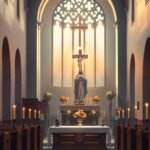 Bild des Inneren einer Kirche im Morgengrauen mit der Figur Jesu in der Mitte, es handelt sich um ein Gemälde im Leinwandstil.