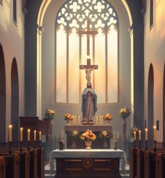 Bild des Inneren einer Kirche im Morgengrauen mit der Figur Jesu in der Mitte, es handelt sich um ein Gemälde im Leinwandstil.