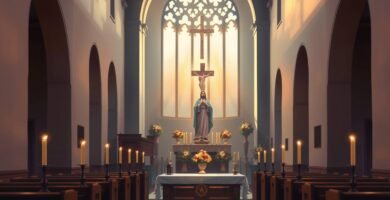 Bild des Inneren einer Kirche im Morgengrauen mit der Figur Jesu in der Mitte, es handelt sich um ein Gemälde im Leinwandstil.