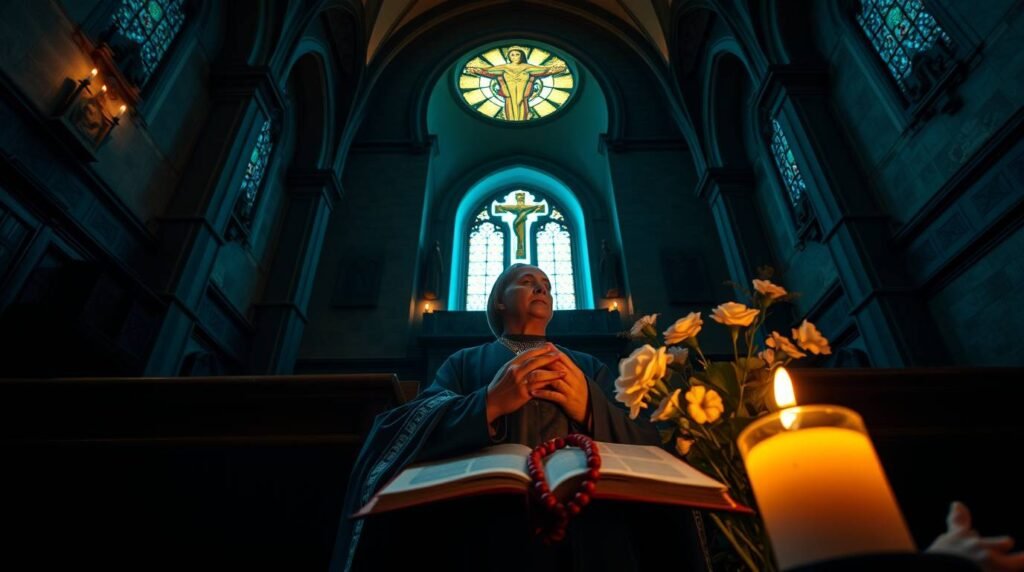 Bild eines Priesters, der mit einer Bibel betet und in der Abenddämmerung auf einer Bank in einer Kirche sitzt