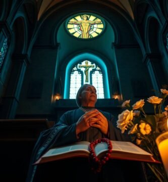 Bild eines Priesters, der mit einer Bibel betet und in der Abenddämmerung auf einer Bank in einer Kirche sitzt