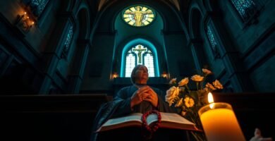 Bild eines Priesters, der mit einer Bibel betet und in der Abenddämmerung auf einer Bank in einer Kirche sitzt
