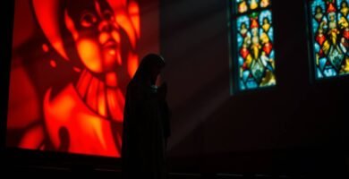 Aufnahme eines Kircheninneren mit Blick auf den Altar in dunkler Umgebung