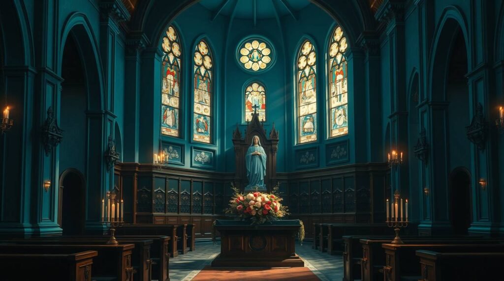 Bild des Innenraums einer Kirche mit Blick auf den Altar mit dem Bild der Jungfrau Maria neben Kerzen und Blumen