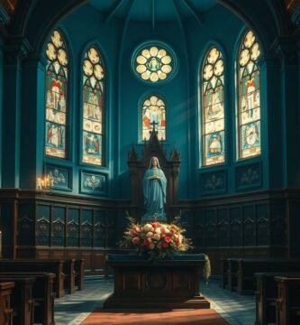 Bild des Innenraums einer Kirche mit Blick auf den Altar mit dem Bild der Jungfrau Maria neben Kerzen und Blumen
