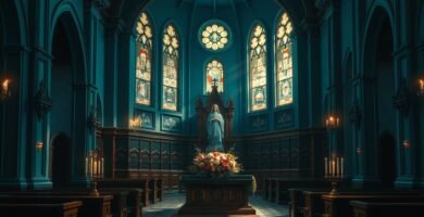 Bild des Innenraums einer Kirche mit Blick auf den Altar mit dem Bild der Jungfrau Maria neben Kerzen und Blumen