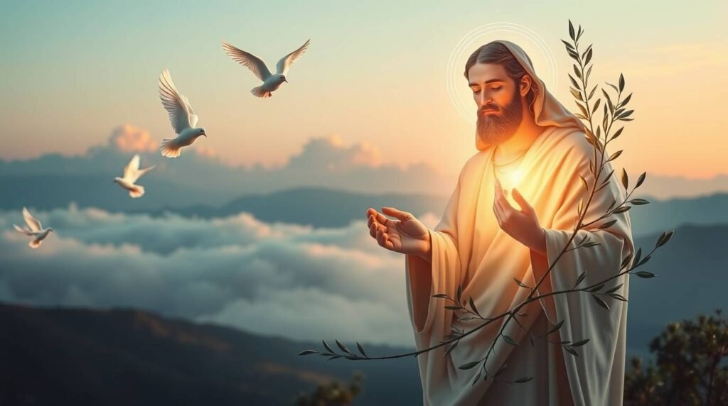 Bild von Jesus auf dem Feld mit einem Olivenzweig und mehreren weißen Tauben um ihn herum, wobei aus seiner rechten Hand ein Licht erscheint