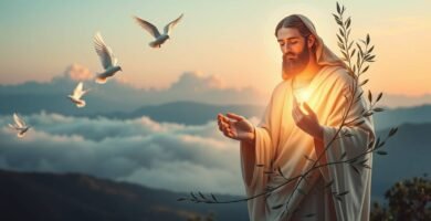 Bild von Jesus auf dem Feld mit einem Olivenzweig und mehreren weißen Tauben um ihn herum, wobei aus seiner rechten Hand ein Licht erscheint