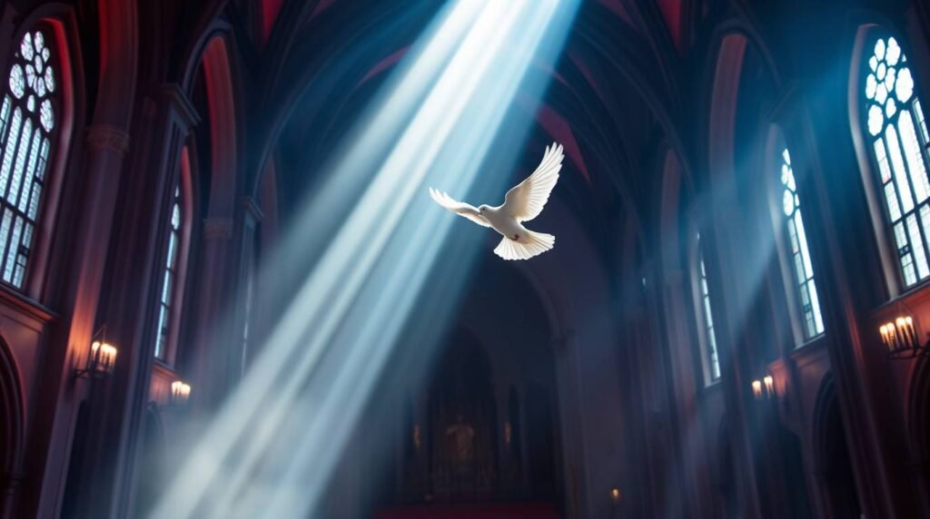 Bild einer weißen Taube, die über das Innere einer Kirche fliegt, während ein Lichtstrahl in die Mitte des Raumes fällt