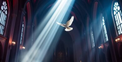 Bild einer weißen Taube, die über das Innere einer Kirche fliegt, während ein Lichtstrahl in die Mitte des Raumes fällt