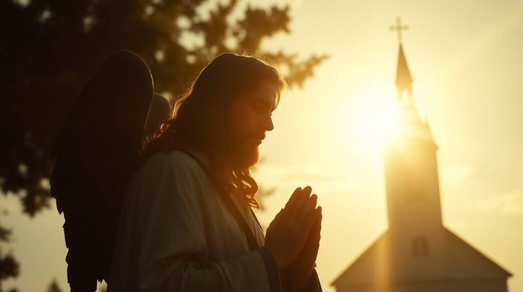 Bild eines Engels, der im Morgengrauen betet, mit einer Kirche im Hintergrund