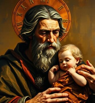 Realistisches Gemälde des Heiligen Antonius, der ein Kind in seinen Armen trägt
