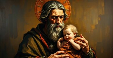 Realistisches Gemälde des Heiligen Antonius, der ein Kind in seinen Armen trägt
