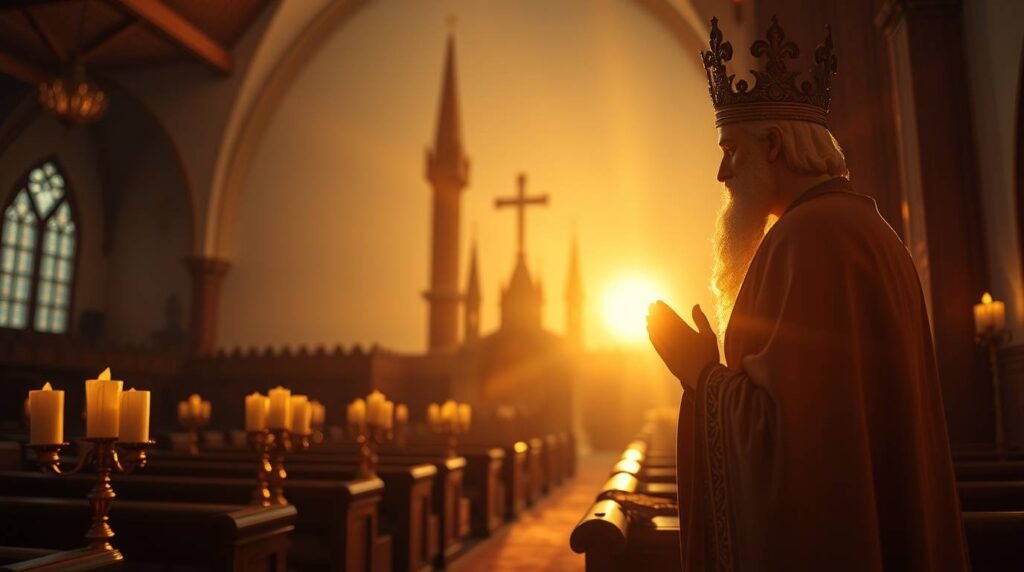Bild eines Mannes in Ordenstracht, der im Morgengrauen in einer Kirche betet
