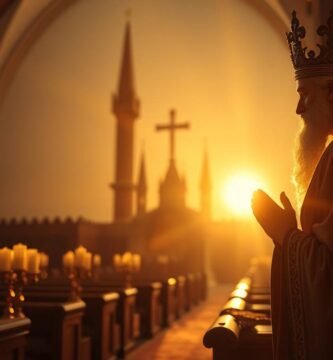 Bild eines Mannes in Ordenstracht, der im Morgengrauen in einer Kirche betet