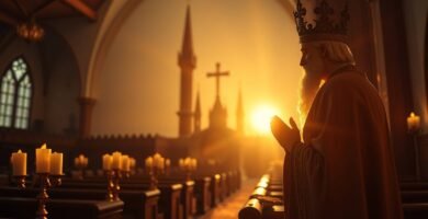 Bild eines Mannes in Ordenstracht, der im Morgengrauen in einer Kirche betet