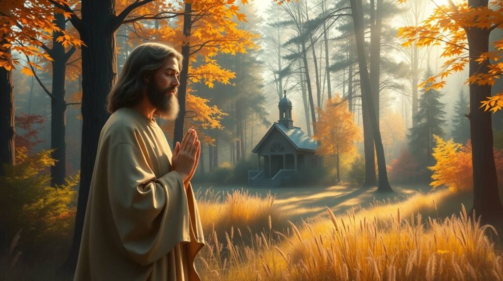 Bild von Jesus, der im Morgengrauen auf einem Feld betet
