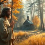 Bild von Jesus, der im Morgengrauen auf einem Feld betet