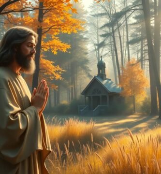 Bild von Jesus, der im Morgengrauen auf einem Feld betet