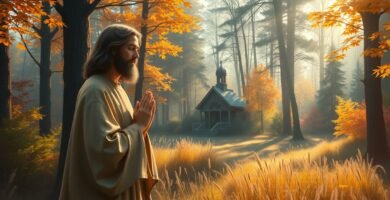 Bild von Jesus, der im Morgengrauen auf einem Feld betet