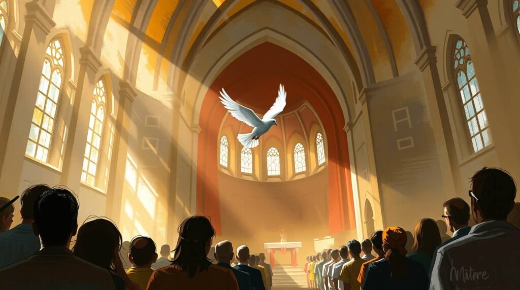 Bild einer Kirche voller Menschen, durch deren Fenster Licht fällt und eine weiße Taube durch die Luft fliegt