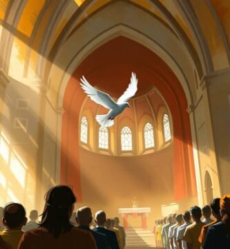 Bild einer Kirche voller Menschen, durch deren Fenster Licht fällt und eine weiße Taube durch die Luft fliegt