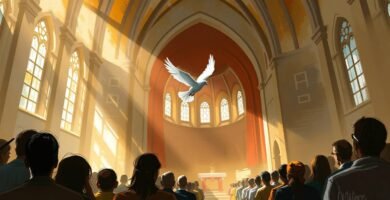 Bild einer Kirche voller Menschen, durch deren Fenster Licht fällt und eine weiße Taube durch die Luft fliegt
