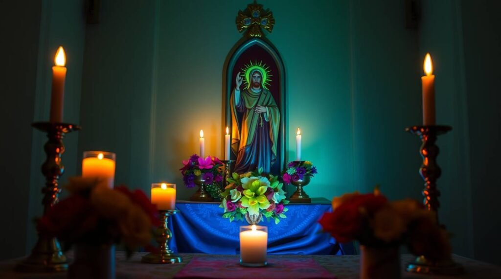 Bild eines Altars mit dem Bild von Jesus Christus, umgeben von Kerzen in einem schwach beleuchteten Raum