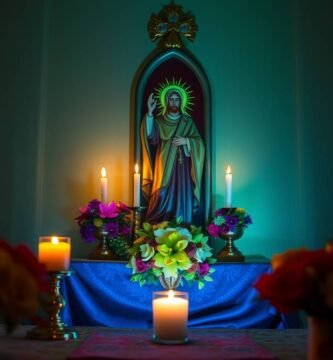 Bild eines Altars mit dem Bild von Jesus Christus, umgeben von Kerzen in einem schwach beleuchteten Raum