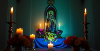 Bild eines Altars mit dem Bild von Jesus Christus, umgeben von Kerzen in einem schwach beleuchteten Raum