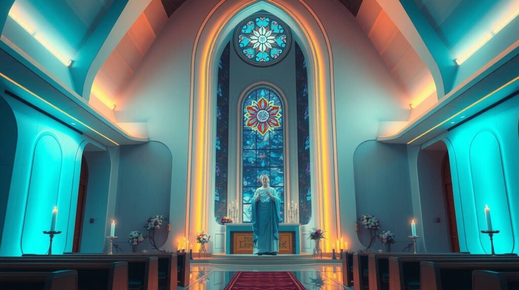 Bild des Innenraums einer Kirche mit einem betenden Mann in der Mitte