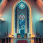 Bild des Innenraums einer Kirche mit einem betenden Mann in der Mitte