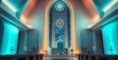 Bild des Innenraums einer Kirche mit einem betenden Mann in der Mitte