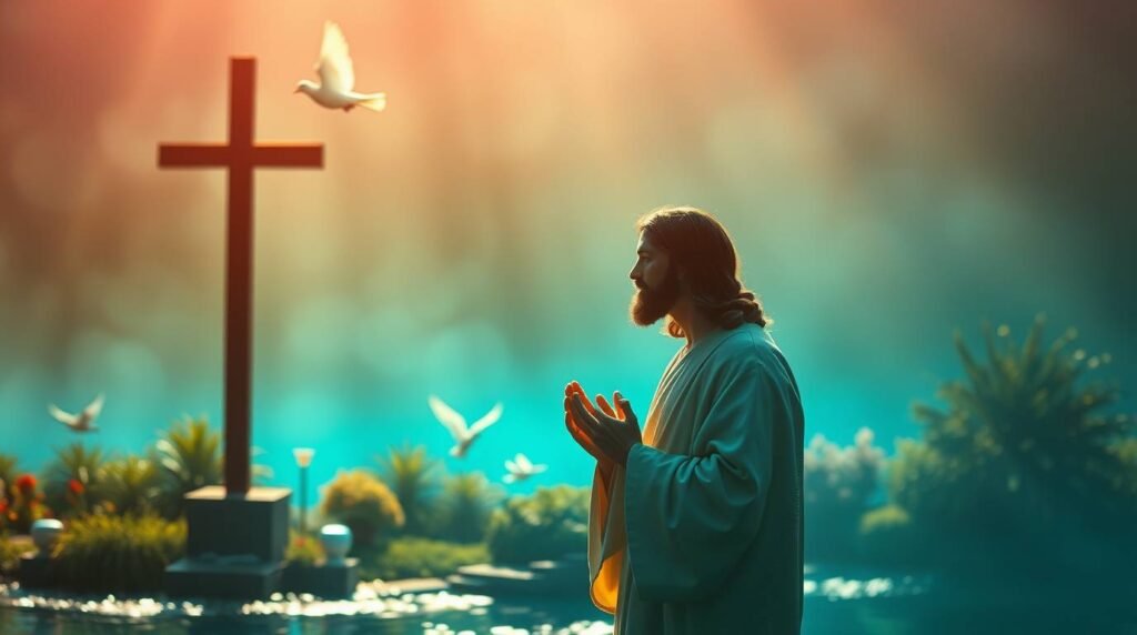 Bild von Jesus Christus beim Beten mit einer mystischen Landschaft mit einem Kreuz und fliegenden Tauben im Hintergrund