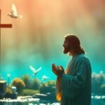 Bild von Jesus Christus beim Beten mit einer mystischen Landschaft mit einem Kreuz und fliegenden Tauben im Hintergrund