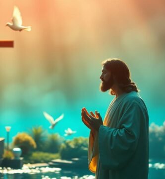 Bild von Jesus Christus beim Beten mit einer mystischen Landschaft mit einem Kreuz und fliegenden Tauben im Hintergrund