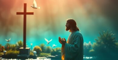 Bild von Jesus Christus beim Beten mit einer mystischen Landschaft mit einem Kreuz und fliegenden Tauben im Hintergrund