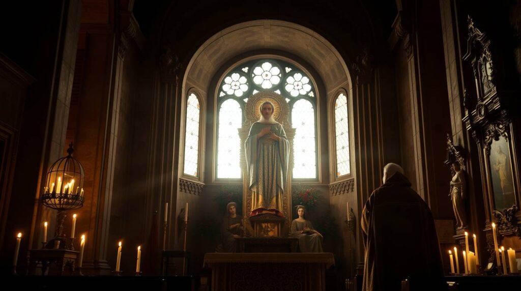 Bild eines Mannes in Ordenstracht, der zu einem Bild in der Mitte einer Kirche betet