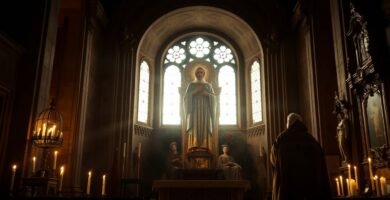 Bild eines Mannes in Ordenstracht, der zu einem Bild in der Mitte einer Kirche betet