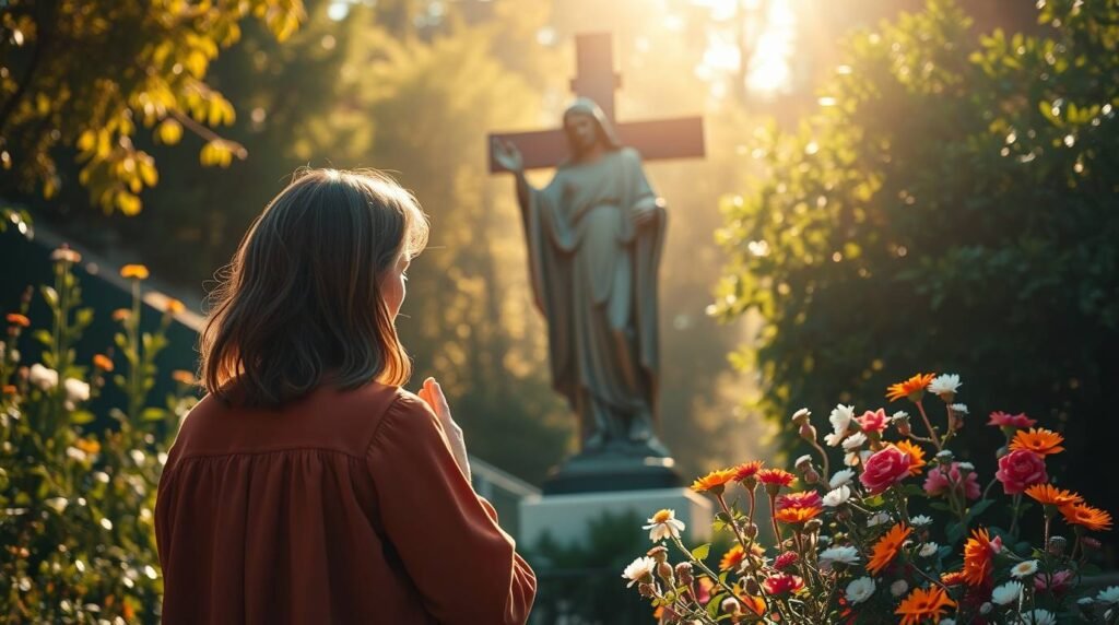 Bild eines Mannes, der in einem sonnigen Park zur Statue von Jesus Christus betet