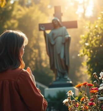 Bild eines Mannes, der in einem sonnigen Park zur Statue von Jesus Christus betet