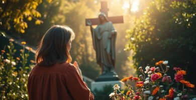 Bild eines Mannes, der in einem sonnigen Park zur Statue von Jesus Christus betet