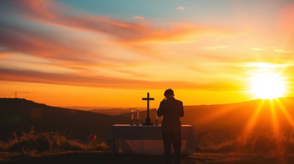 Bild eines Mannes, der im Morgengrauen auf dem Land an einem Tisch mit einem Kreuz darauf betet