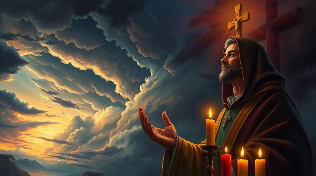 Bild eines Mannes in Tracht, der mit Kerzen und einem Kreuz an seiner Seite betet, im Hintergrund sehen wir den Himmel mit Wolken bei einem wunderschönen Sonnenuntergang