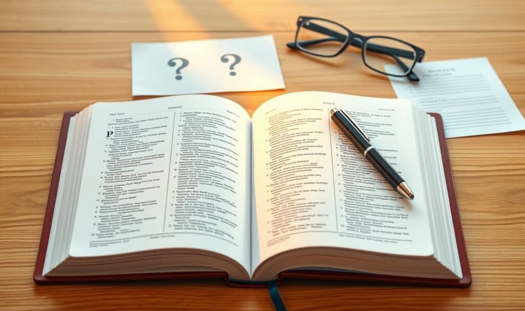 Bild einer Bibel auf einem offenen Tisch in der Mitte mit einem Stift in der Mitte, oben liegen einige Blätter mit einem Fragezeichen und einige Gläser an der Seite
