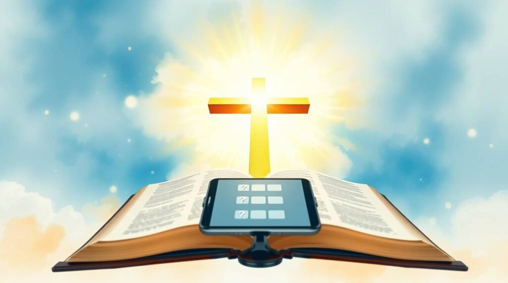 Bild einer offenen Bibel mit einem Kreuz oben und einem Smartphone darunter, im Hintergrund der Himmel mit einer mystischen Aura.