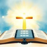 Bild einer offenen Bibel mit einem Kreuz oben und einem Smartphone darunter, im Hintergrund der Himmel mit einer mystischen Aura.