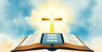 Bild einer offenen Bibel mit einem Kreuz oben und einem Smartphone darunter, im Hintergrund der Himmel mit einer mystischen Aura.