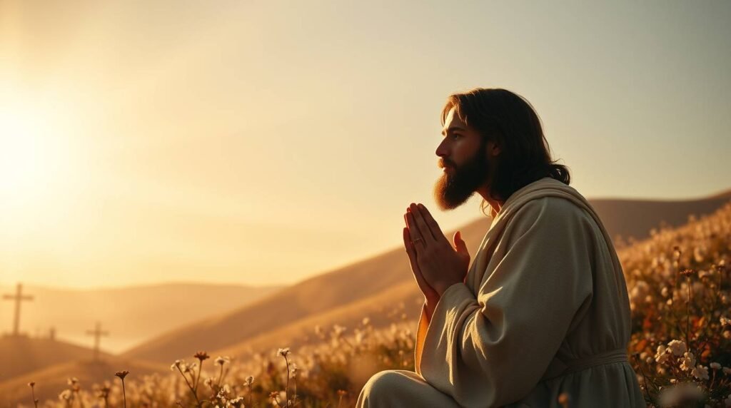 Bild von Jesus, der im Morgengrauen auf einem Feld sitzt und mit einer Geste der Dankbarkeit betet
